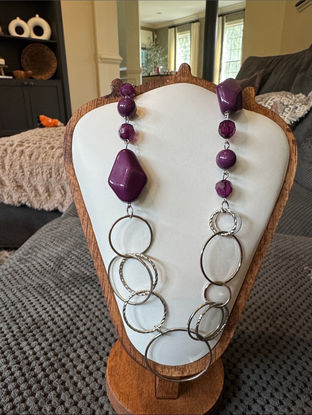 Purple Statement Beaded Necklace with Silver Rings